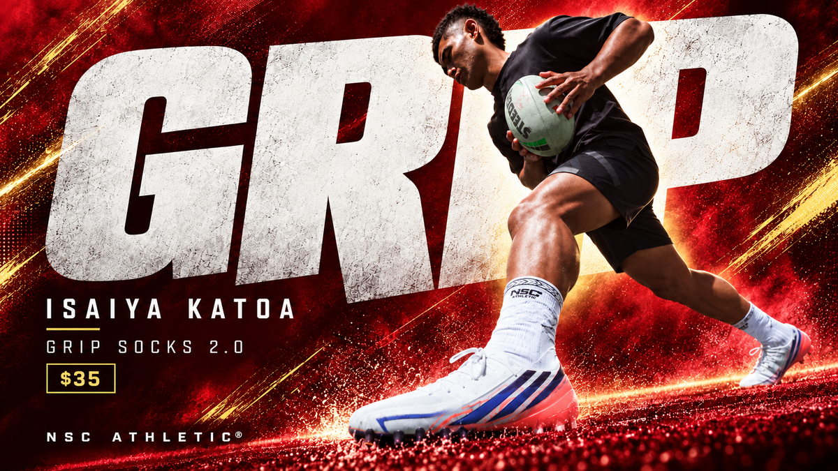 Isaiya Katoa Grip Socks 2.0 campaign in red, gold, white and black